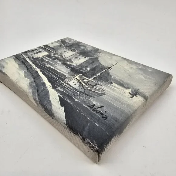 Vintage Painting Canvas Signed Small Water Scene Harbor Boat Landscape Grayscale - Picture 4 of 10